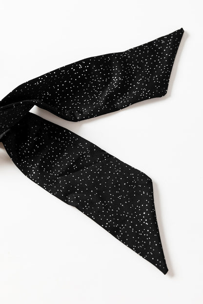 Schwarze Glitzer-Wickelbluse mit V-Ausschnitt, Bindesaum und Puffärmeln