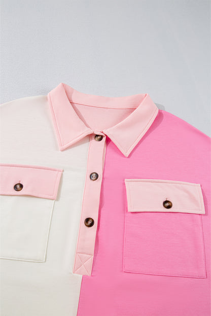 Bonbon Farbblock-Brusttaschen Halbknopf-Sweatshirt in Übergröße