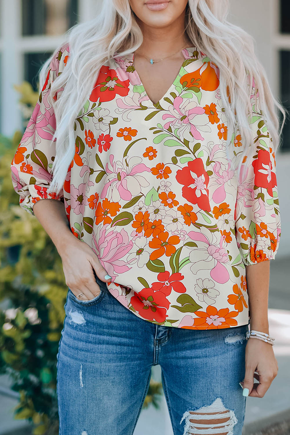 Orangefarbene Bluse mit Puffärmeln und Rüschenbesatz
