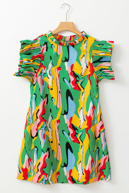 Grünes Minikleid mit abstraktem Print, Rüschenkragen und Rüschenärmeln