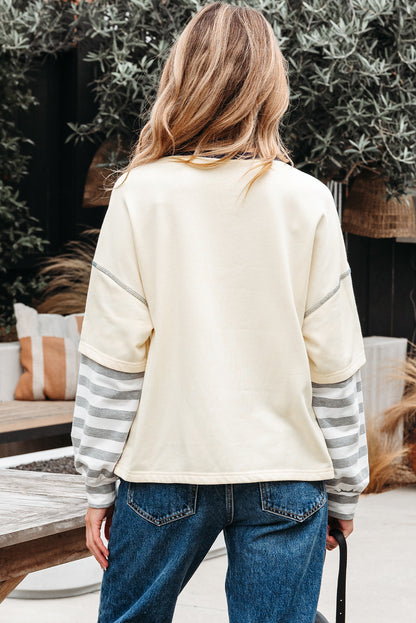 Beige Striped Patchwork Long Sleeve Round Neck Two-in-one Top