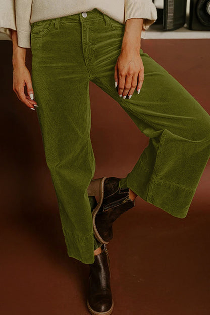 Vineyard Green Corduroy Solid Color High Waist Wide Leg Pants