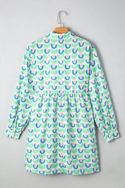 Green Floral Print Notched Neck Scalloped Detail Long Sleeve Mini Dress