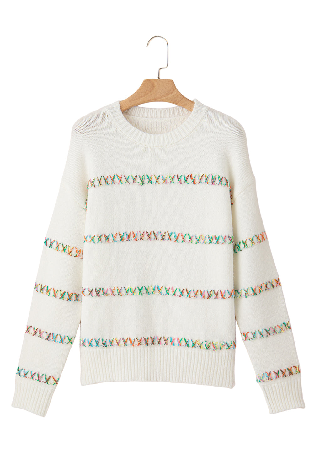 Weißer Pullover mit bunten Kreuzstichen und überschnittenen Schultern