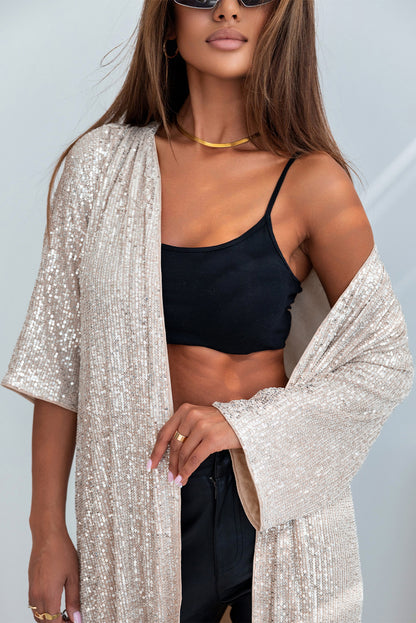 Aprikosenfarbener Kimono mit Pailletten und 3/4-Ärmeln und offener Vorderseite