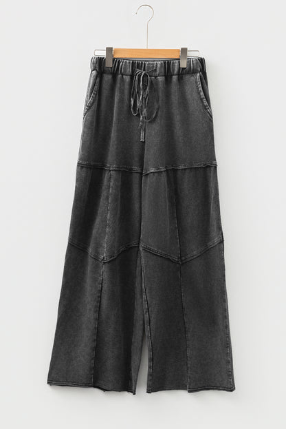 Black Mineral Wash Tiered Wide Leg Patchwork Drawstring Pants