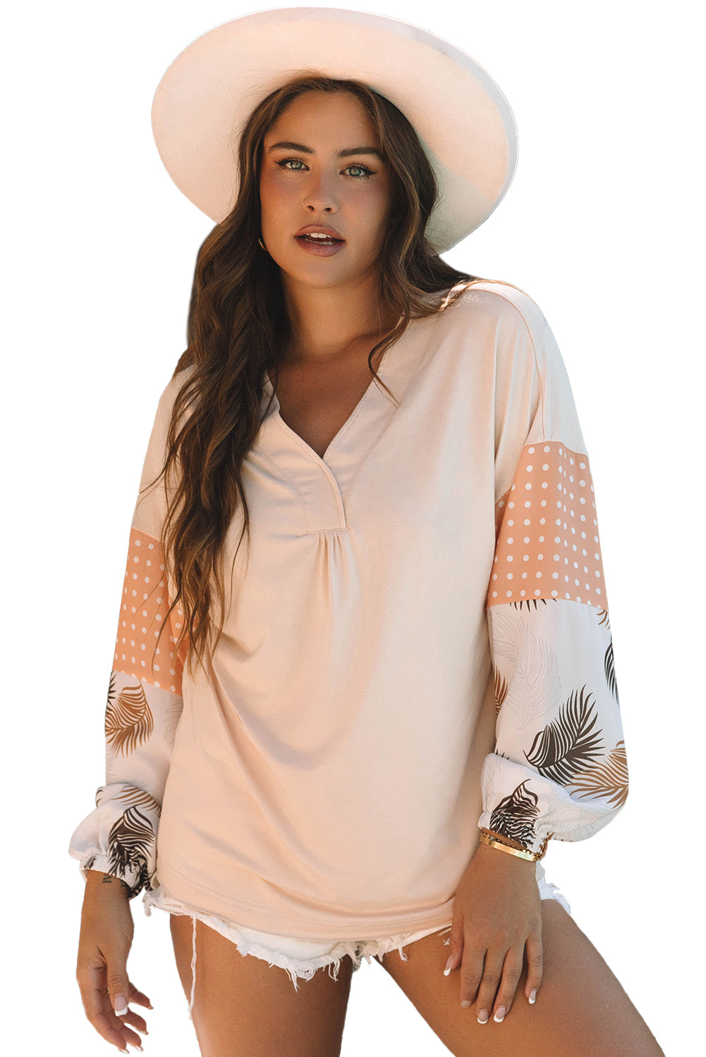 Jet Stream – Lockere Bluse mit Palmenblättern und Punkten, Puffärmeln, Patchwork, V-Ausschnitt