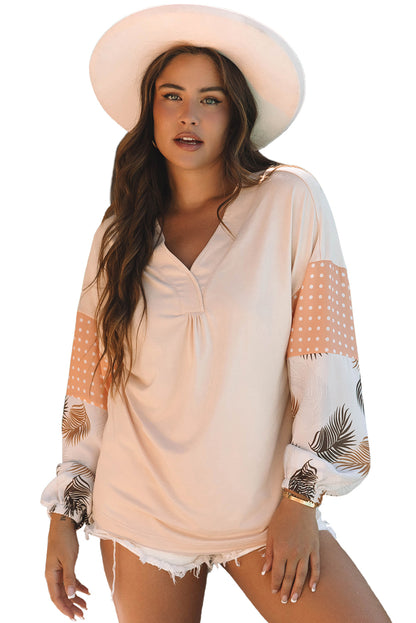 Jet Stream – Lockere Bluse mit Palmenblättern und Punkten, Puffärmeln, Patchwork, V-Ausschnitt