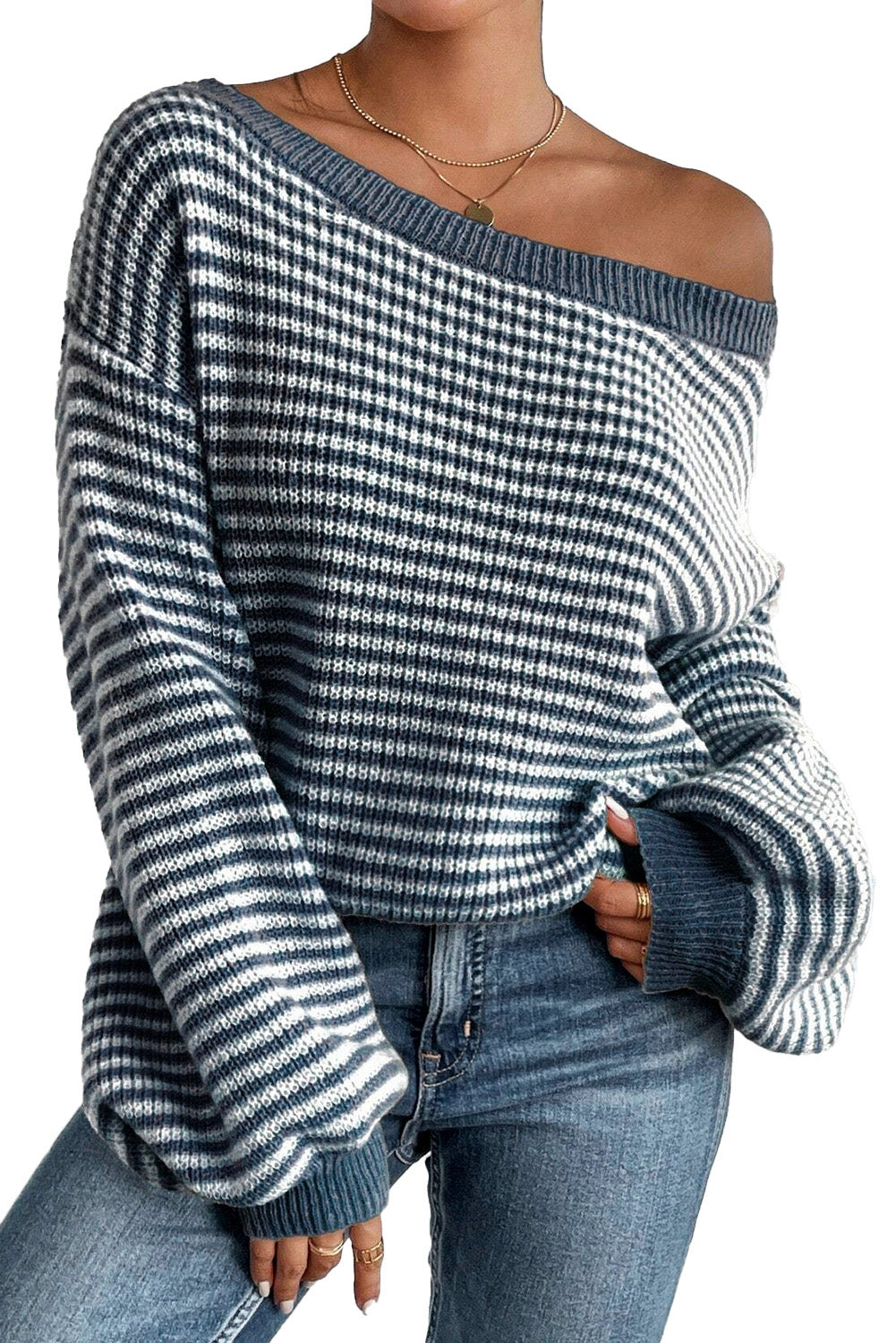 Segelblau gestreifter Pullover mit Laternenärmeln und überschnittener Schulter