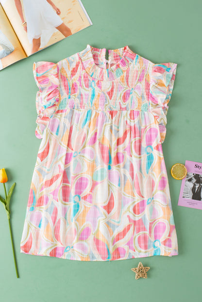 Gelbe Bluse mit abstraktem Print, gesmoktem Kragen und Rüschenärmeln