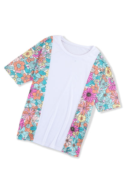 Weißes Patchwork-Kurzarm-Top mit Blumenmuster