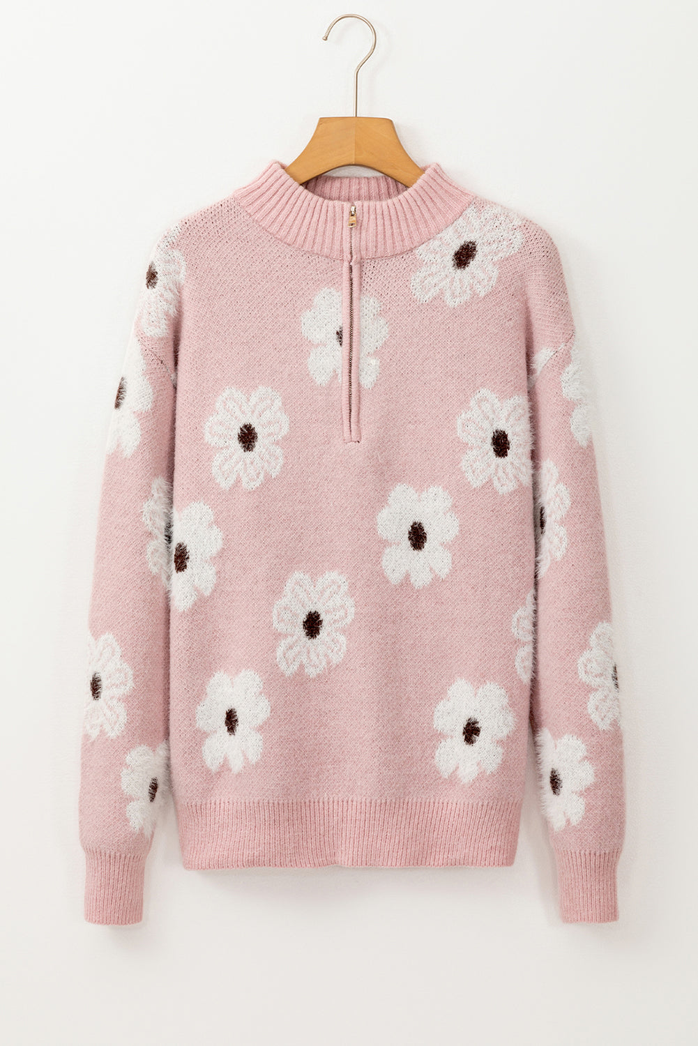 Rosa Pullover mit Blumenmuster und halblangem Reißverschluss sowie überschnittenen Schultern