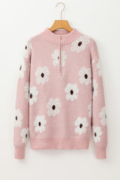 Rosa Pullover mit Blumenmuster und halblangem Reißverschluss sowie überschnittenen Schultern