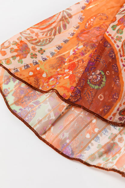 Oranges Boho-Minikleid mit Paisley-Print und langen Ärmeln sowie Plissee und Gürtel