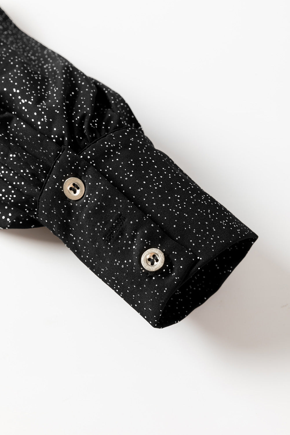 Schwarze Glitzer-Wickelbluse mit V-Ausschnitt, Bindesaum und Puffärmeln