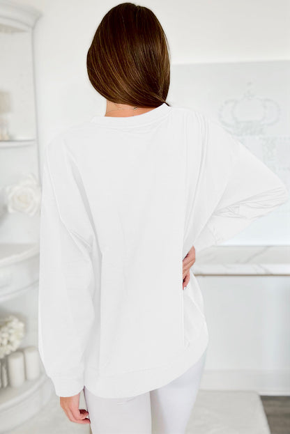 Weißes Lametta-Sweatshirt mit Game Day-Grafik und überschnittener Schulter