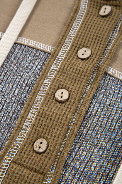 Jungle Green Mixed Texture Patchwork Exposed Seam Half Button Pullover Hooded Sweatshirt