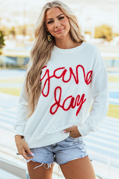 Weißes Lametta-Sweatshirt mit Game Day-Grafik und überschnittener Schulter