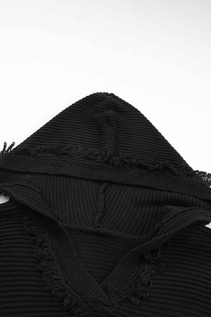 Schwarzer gerippter Kapuzenpullover mit V-Ausschnitt und überschnittenen Schultern