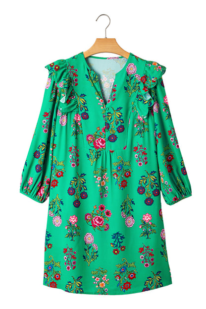 Green Floral Ruffled Three Quarter Sleeve Buttoned Mini Dress