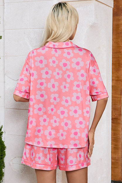 Rosa Pyjama-Set mit kurzärmligem Hemd und Blumenmuster