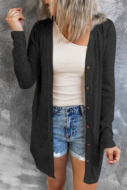 Schwarzer, einfarbiger Cardigan mit offener Vorderseite und Knöpfen