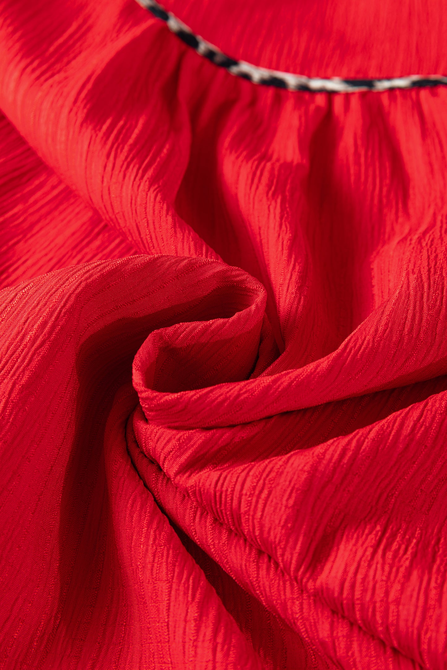 Fiery Red Textured V Neck Leopard Contrasted Trim Long Sleeve Shift Mini Dress