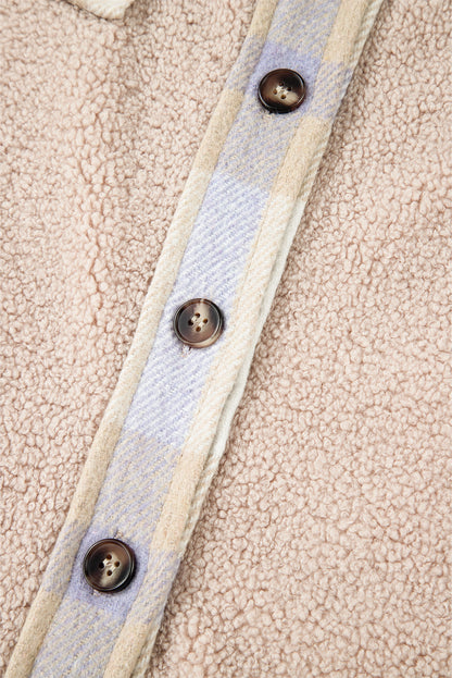 Rauchgrauer, karierter Sherpa-Langmantel mit Patchwork-Kragen und Knopfleiste