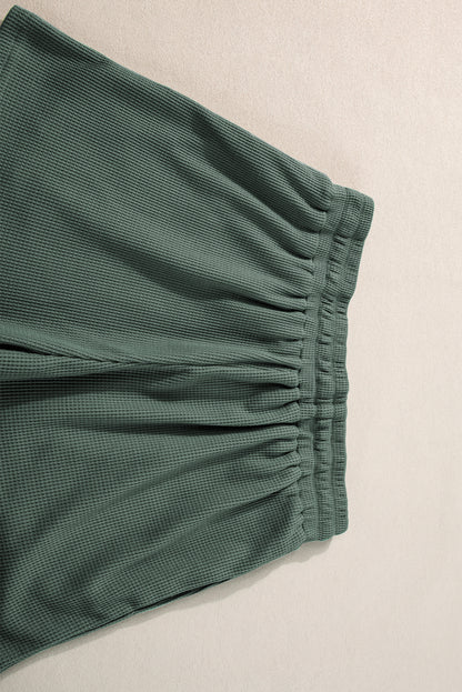 Mist Green Waffle Knit Patched Pocket Tank and Drawstring Shorts Set