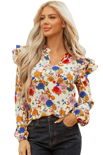 Apricot Ruffled Shoulder Long Sleeve Floral Blouse