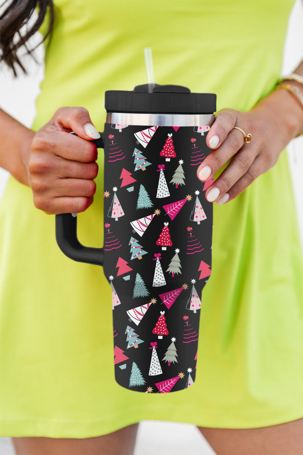 Schwarzer Thermobecher mit Cartoon-Weihnachtsbaum-Aufdruck, 1,2 l