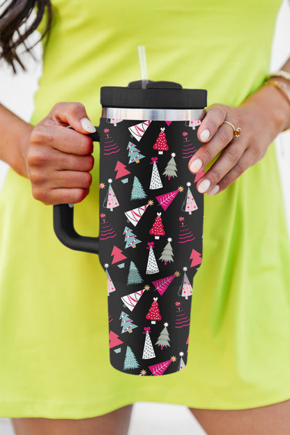 Schwarzer Thermobecher mit Cartoon-Weihnachtsbaum-Aufdruck, 1,2 l