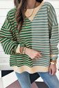 Grün gestreiftes, lässiges, gestreiftes Colorblock-Sweatshirt mit überschnittener Schulter
