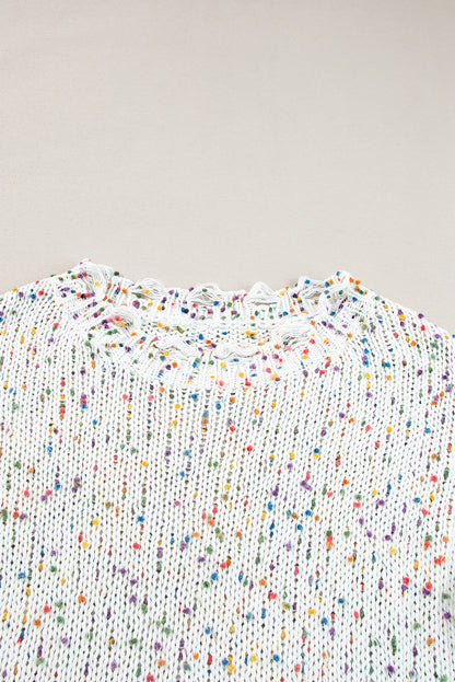White Colorful Popcorn Knit Distressed Tunic Sweater
