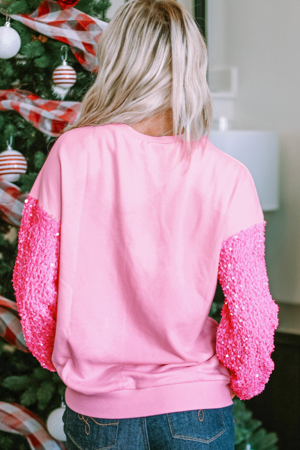 Rosa Sweatshirt mit glänzendem Herz-Print und Paillettenärmeln