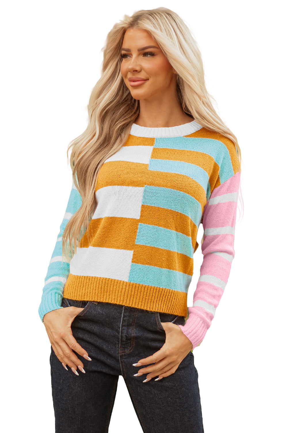 Jurassic Gold Color Block Striped Pullover Sweater