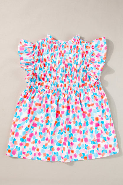Himmelblaue Bluse mit geraffter Passe und abstraktem Print