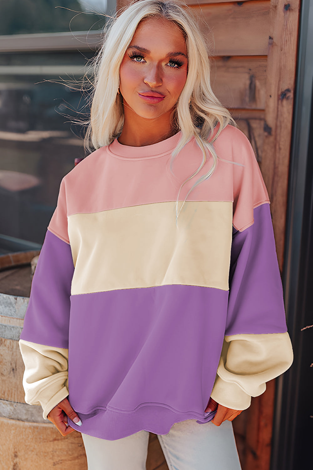Meadow Mauve – Sweatshirt mit Patchwork-Print und überschnittener Schulterpartie im Colorblock-Stil