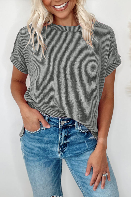 Mittelgraues T-Shirt aus strukturiertem Strick mit sichtbaren Nähten