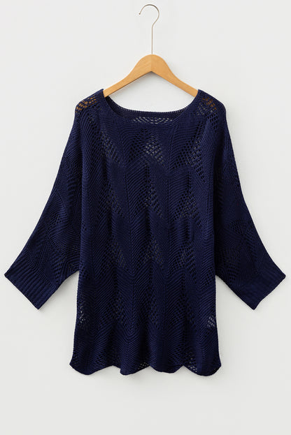 Navy Blue Hollow Out Knit 7/8 Sleeve Casual Sweater