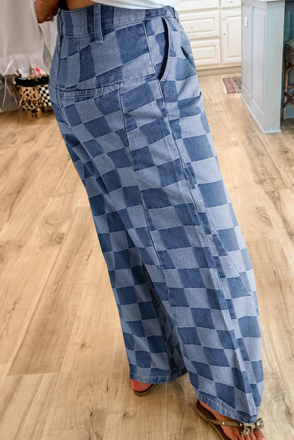 Abendblaue Jeans mit weitem Bein und Karomuster