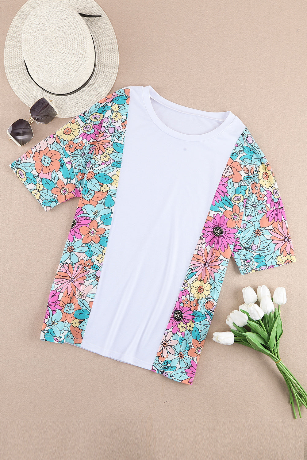 Weißes Patchwork-Kurzarm-Top mit Blumenmuster