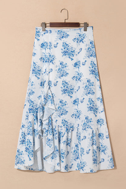 Sky Blue Boho Floral High Waist Ruffle Split Maxi Skirt