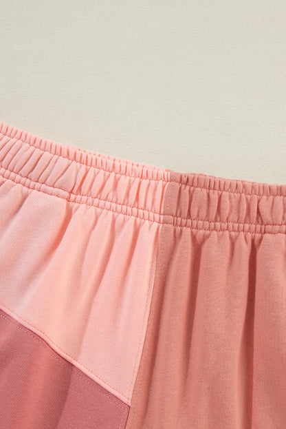 Pfirsichblüten-Colorblock-Patchwork-Langarm-Shorts-Outfit