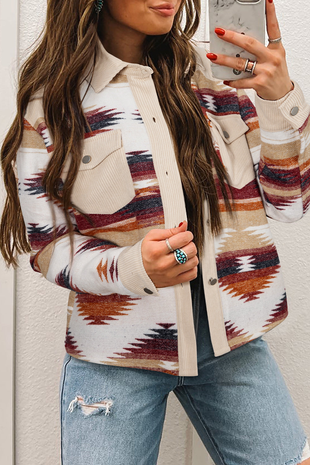 Multicolour Western Aztec Striped Patchwork Double Flap Pocket Raw Hem Shacket