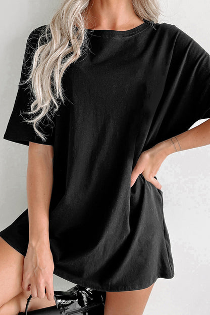 Schwarzes, einfarbiges Basic-Tunika-T-Shirt mit Rundhalsausschnitt