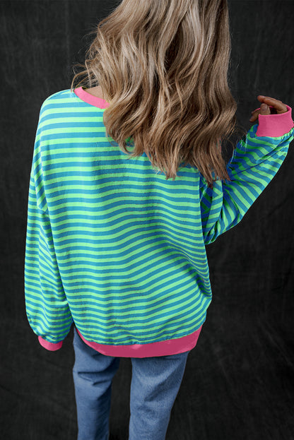 Übergroßes Pullover-Sweatshirt mit himmelblauen Streifen und Kontrastbesatz