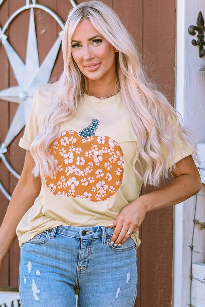 Khakifarbenes T-Shirt mit süßem Blumen- und Kürbis-Grafik