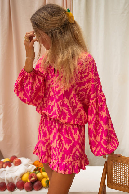 Rose Western-Set mit Oberteil und Shorts mit geometrischem Aztekenmuster und Rüschen
