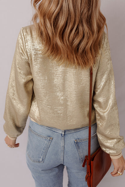 Hellkhakifarbene Baseballjacke mit Reißverschluss in Metallic-Optik